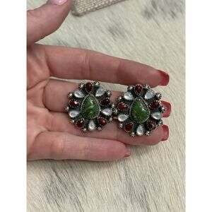 Sterling Silver Sonoran Gold Turquoise Red Dahlia Mother Pearl Cluster Earrings